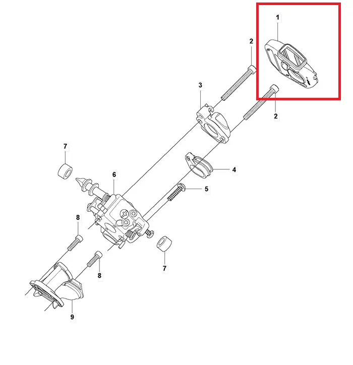 Filtr powietrza do pilarki Husqvarna T435 w formie plastikowej obudowy w kształcie prostokąta z zaokrąglonymi narożnikami. Z przodu widoczne oczka wentylacyjne. Część produktu uniesiona, widoczna z boku, umieszczona na rysunku technicznym.