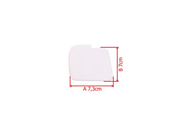 Filtr powietrza do pilarek Partner P740 i P840, w kolorze białym, o wymiarach 7,3 cm x 7 cm. Prezentowany na białym tle, z oznaczeniami wymiarów po prawej stronie. Produkt leży płasko, ukazując jednolitą teksturę i kształt.