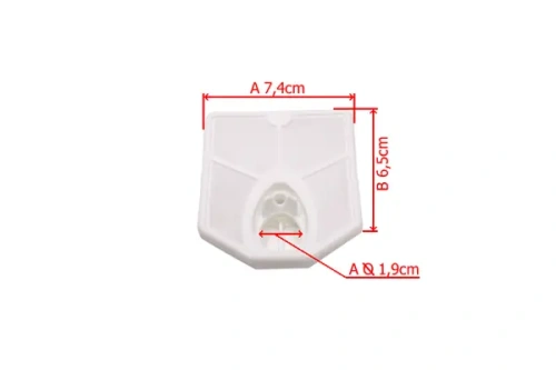 Filtr powietrza do pilarek chińskich, w kolorze białym, o wymiarach 7,4 cm x 6,5 cm, z otworem o średnicy 1,9 cm. Produkt ujęty frontalnie, na prostym tle. Widoczne detale konstrukcyjne i wyraźne oznaczenia wymiarów.