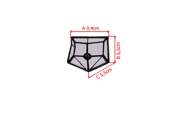Filtr powietrza do pilarki Husqvarna 51/55, w kształcie wieloboku. Kolor czarny z przezroczystymi elementami. Wymiary: A 9,4 cm, B 6,5 cm, C 5,5 cm. Widok z góry, z centralnym otworem montażowym. Idealny do wymiany w urządzeniach Husqvarna.