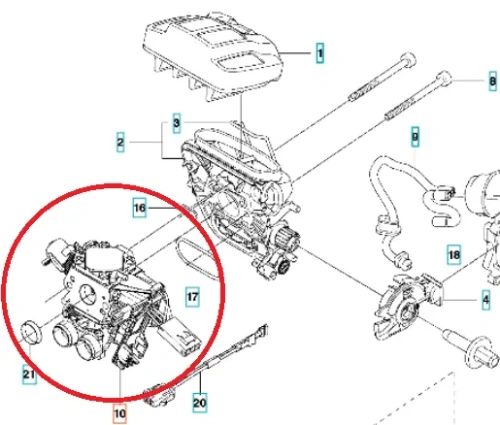 Gaźnik pilarki Husqvarna 545 w widoku izometrycznym, z detalami na uchwyty i otwory montażowe. Część ma metaliczną fakturę, z wyraźnymi oznaczeniami i logo. Pokazuje istotne elementy, takie jak przepustnice i doprowadzenia paliwa.