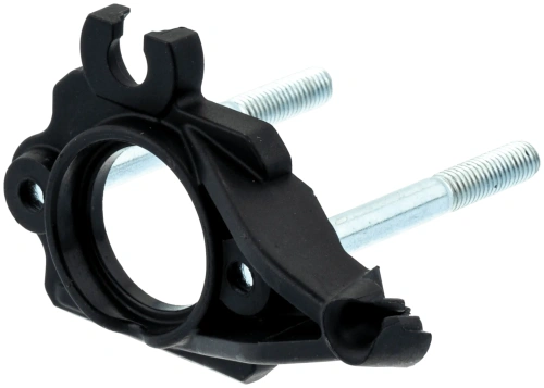 Kołnierz gaźnika pilarki Husqvarna 130, 135 Mark II, czarny, wykonany z tworzywa sztucznego, z widocznymi metalowymi gwintami. Produkt przedstawiony w zbliżeniu, ukazujący detale mocowania oraz kształt obudowy, na jednolitym tle.