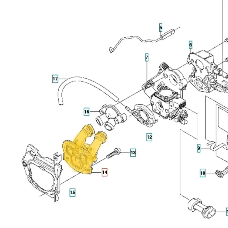 Kolektor pilarki Husqvarna 455 Rancher, w kolorze żółtym, prezentowany w detalicznym ujęciu. Widoczne dwa otwory montażowe oraz elementy mocujące. Obiekty przedstawione na białym tle, co ułatwia identyfikację szczegółów.