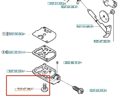 Śruba gaźnika pilarki 136/141 Husqvarna, widoczna w zbliżeniu, z gwintem i okrągłą główką, umieszczona na prostym tle. Element metalowy, srebrny, przeznaczony do montażu w silnikach pilarek, o standardowych wymiarach.