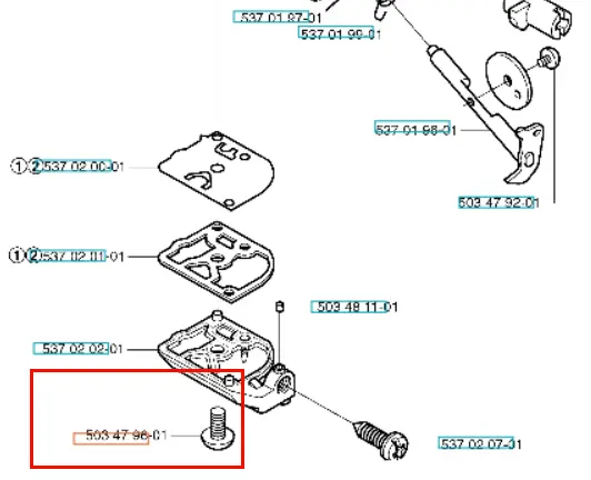 Śruba gaźnika pilarki 136/141 Husqvarna, widoczna w zbliżeniu, z gwintem i okrągłą główką, umieszczona na prostym tle. Element metalowy, srebrny, przeznaczony do montażu w silnikach pilarek, o standardowych wymiarach.