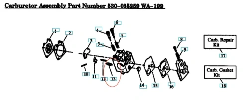 Zawór iglicowy gaźnika do pilarek, dmuchaw i wykaszek Husqvarna, widoczny w rysunku technicznym. Elementy przedstawione z boków, z numerami części. Graficzny układ detali, w tym uszczelki i śruby. Tło jasne, skupiające się na komponentach.
