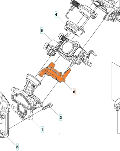 Dolny kołnierz gaźnika pilarki Husqvarna 445, 450 w kolorze pomarańczowym, z wyraźnymi oznaczeniami. Element umieszczony w układzie na białym tle, w pozycji poziomej. Widoczna struktura podłączeń oraz miejsca montażowe.