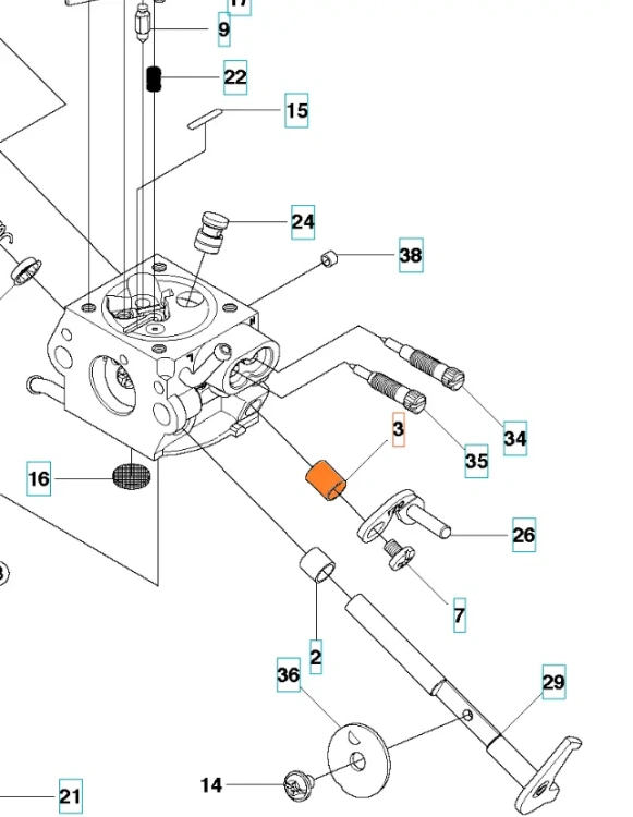 Pomarańczowa tulejka gaźnika do pilarek Husqvarna 445, 450 w zbliżeniu na białym tle. Cylindryczny element z otworami montażowymi przeznaczony do instalacji w gaźniku.