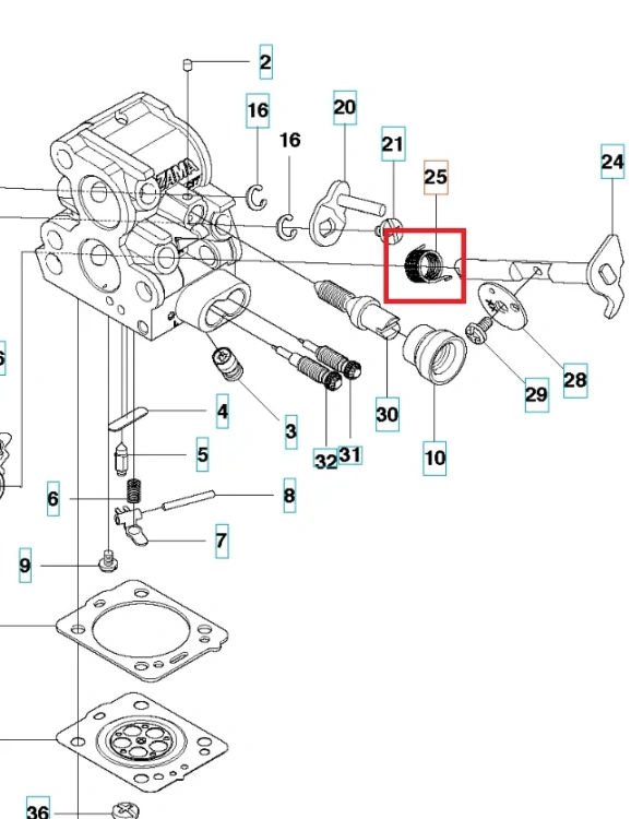 Sprężyna wału gaźnika do pilarek Husqvarna 135, 440 II w metalicznym kolorze, pokazana z boku. Element systemu paliwowego na białym tle, widoczne spoiny i okrągły kształt.