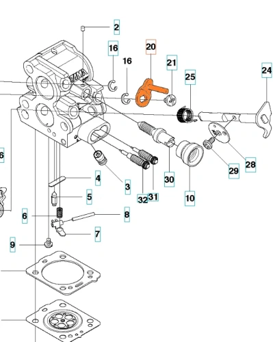 Dźwignia gaźnika pilarki Husqvarna 140, 440 II w kolorze pomarańczowym, z ergonomiczną rączką i otworami montażowymi. Produkt umieszczony na białym tle, widok frontalny, zbliżenie na detale, w tym oznaczenia i numer katalogowy.