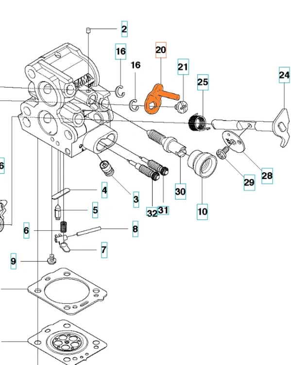 Dźwignia gaźnika pilarki Husqvarna 140, 440 II w kolorze pomarańczowym, z ergonomiczną rączką i otworami montażowymi. Produkt umieszczony na białym tle, widok frontalny, zbliżenie na detale, w tym oznaczenia i numer katalogowy.