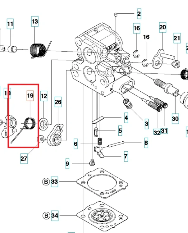 Sprężyna gaźnika do pilarki Husqvarna 435, 440 II, w metalowej, spiralnej formie; widok frontalny. Produkt z wyraźnymi detalami konstrukcyjnymi, umieszczony w schemacie. Element o smukłym kształcie, istotny dla funkcji gaźnika. Tło jednolite.