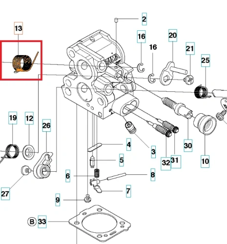 Metalowa sprężyna gaźnika pilarki Husqvarna 135, 435 II, spiralna, złota, długość ok. 5 cm, na białym tle, obok części gaźnika.