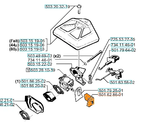 Tuleja gaźnika do pilarek Husqvarna 42 i 246, widoczna w pozycji leżącej, z detalami montażu. Części pomarańczowe i metalowe, z zaznaczeniem numerów części. Tło neutralne, ułatwiające identyfikację produktów.