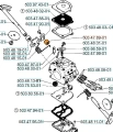 Schemat silnika pilarki Husqvarna z widocznymi cylindrem, sprężynami i uszczelkami, ustawionymi na jasnym tle. Elementy opisane numerami katalogowymi.
