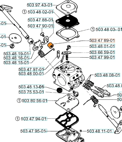 Schemat silnika pilarki Husqvarna z widocznymi cylindrem, sprężynami i uszczelkami, ustawionymi na jasnym tle. Elementy opisane numerami katalogowymi.
