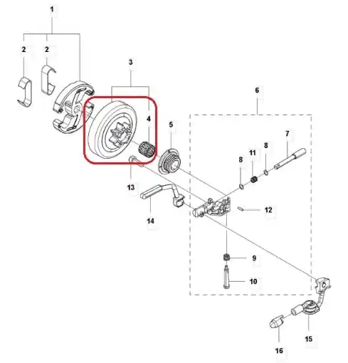 Bęben sprzęgła do pilarek Husqvarna 455/460/461, metaliczny, z ząbkami, widok boczny, szczegóły mechaniczne, bez akcesoriów.