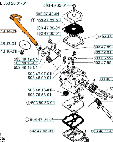 Części wałka przepustnicy pilarek Husqvarna 40, 45, 49, w tym pomarańczowy element, sprężyny i uszczelki, widoczne z góry na białym tle dla łatwej identyfikacji.