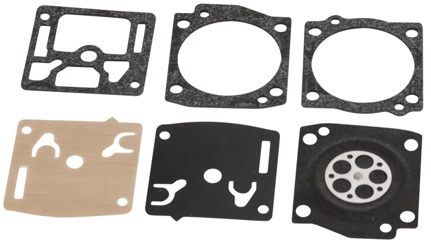 Zestaw membran do pilarki Husqvarna 365 zawiera 6 elementów: 2 czarne, 1 brązową i 3 transparentne, ułożone na jednolitym tle dla łatwej identyfikacji.