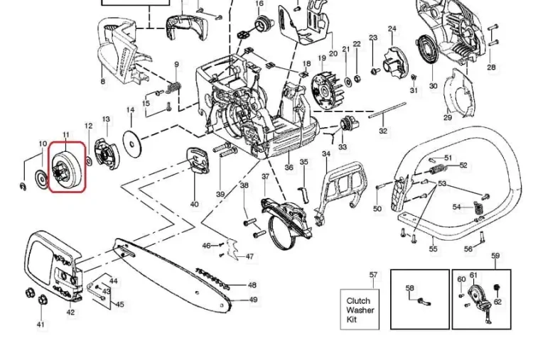 Bęben sprzęgła do pilarki Partner P738/P740/P742/P840, o okrągłym kształcie, metalowej fakturze, w kolorze szarym. Widoczny w zbliżeniu, zamontowany na obudowie silnika, z wyraźnymi oznaczeniami technicznymi. Tło proste, białe.