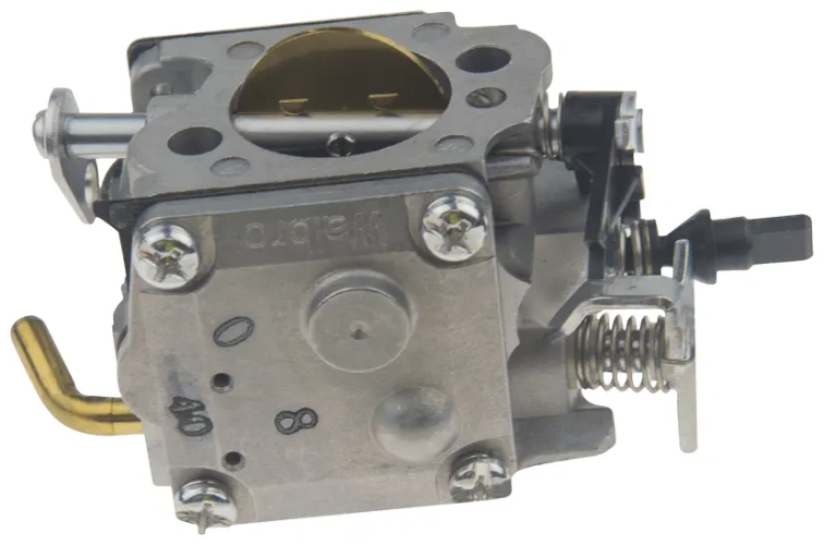 Gaźnik do pilarki Husqvarna 394XP w kolorze metalicznym, z czterema śrubami, sprężyną oraz złotą rurką. Otwór wlotowy z podwyższonym brzegiem. Przeznaczony do optymalizacji pracy silnika.