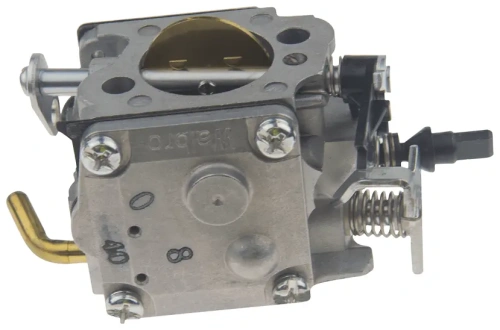 Gaźnik do pilarki Husqvarna 394XP w kolorze metalicznym, z czterema śrubami, sprężyną oraz złotą rurką. Otwór wlotowy z podwyższonym brzegiem. Przeznaczony do optymalizacji pracy silnika.