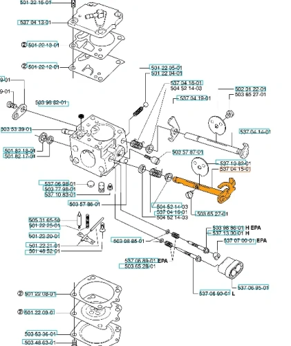 Zespół wału gaźnika pilarki Husqvarna 385XP na diagramie montażowym, z widocznym wałkiem, mocowaniami i śrubami z numerami części, w szaro-pomarańczowej kolorystyce, w kontekście technicznym.