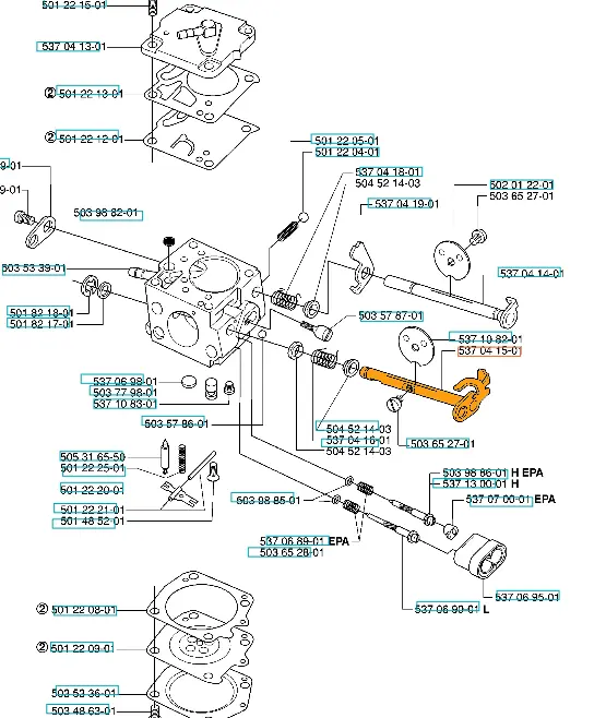 Zespół wału gaźnika pilarki Husqvarna 385XP na diagramie montażowym, z widocznym wałkiem, mocowaniami i śrubami z numerami części, w szaro-pomarańczowej kolorystyce, w kontekście technicznym.
