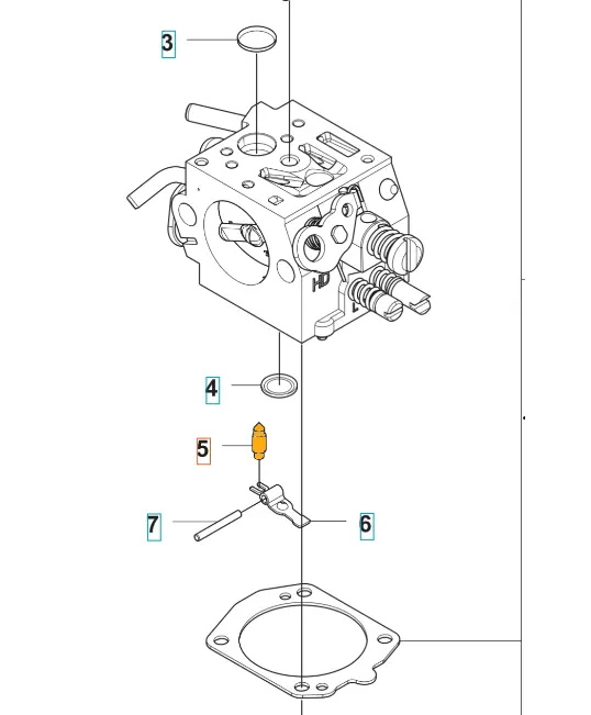 Zawór iglicowy gaźnika do pilarek Husqvarna 372XP i 550XP z uszczelką dolną, metalowy z otworami i mocowaniami na neutralnym tle, ukazany z boku.