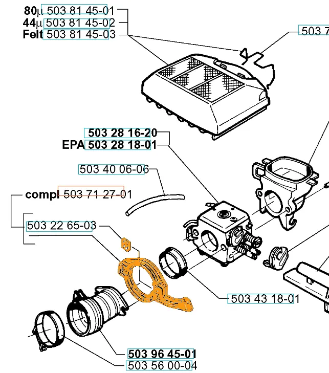 Czarna obejma gaźnika do pilarek Husqvarna 362XP, 371XP, z detalami montażowymi, uszczelkami i wlotem powietrza. Widok z boku na białym tle, element leżący.