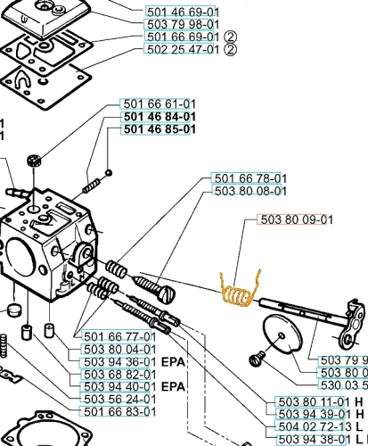 Sprężyna pilarki Husqvarna 371XP w kolorze pomarańczowym, o spiralnym kształcie, umieszczona na schemacie. Produkt widoczny z boku, z jasno oznaczonymi numerami części. Tło przedstawia techniczny rysunek z innymi elementami pilarki.