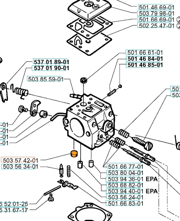 Zaślepka gaźnika do pilarki Husqvarna 257, 350, 372XP w odcieniu czarnym, z widocznymi otworami montażowymi. Ujęcie frontalne, na białym tle. Zestaw elementów do montażu gaźnika z różnymi śrubami i uszczelkami, widoczny detal konstrukcji.
