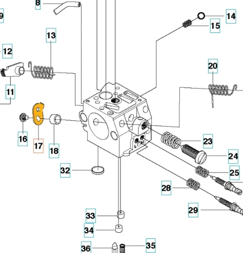 Metalowa dźwignia przy gaźniku do Pilarek Husqvarna 362XP i 372XP, prostokątna z wycięciem, widoczna z boku na białym tle, z żółtym elementem i czytelnymi oznaczeniami montażowymi.