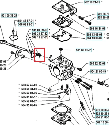 Sprężyna powrotna do pilarki Husqvarna na tle schematu części, metalowy elastyczny element z co najmniej dwoma zaczepami, na prostym tle ułatwiającym identyfikację.