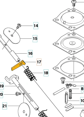 Dźwignia gaźnika do pilarki Husqvarna 340 i 359, pomarańczowa, z metalowego materiału, wyraźnie widoczne otwory montażowe. Ujęcie z boku, na jednolitym tle. Obok elementy montażowe i sprężyny. Zachowane detale konstrukcyjne w wysokiej jakości.