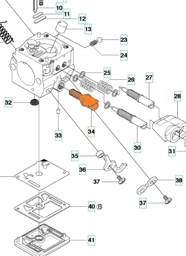 Śruba gaźnika do pilarek Husqvarna 350, 357XP, metalowa, pomarańczowa, cylindryczna, widoczna na neutralnym tle w konstrukcji gaźnika.