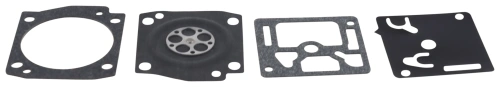 Zestaw membran gaźnika do pilarki Husqvarna 357XP, zawierający cztery metalowe elementy o matowej fakturze. Ujęcie w płaskiej pozycji z góry ukazuje wszystkie membrany oraz ich kształty. Widoczne otwory montażowe ułatwiające instalację.