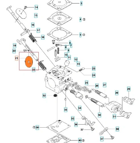 Tarcza przepustnicy pilarki Husqvarna 357XP, 560XP w kształcie okręgu, w kolorze pomarańczowym z centralnym otworem. Widoczna w zbliżeniu, leżąca na białym tle. Element montażowy, istotny dla prawidłowego działania silnika.