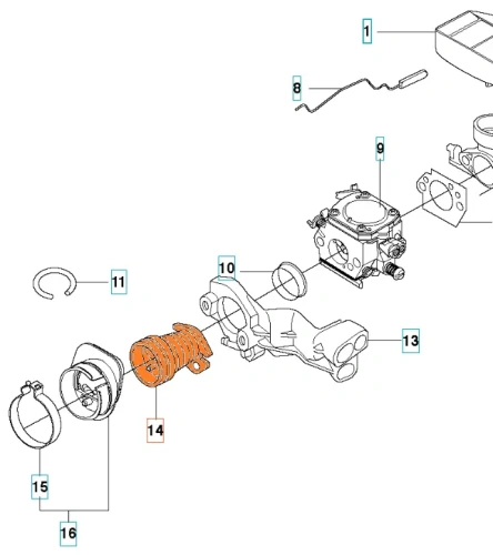 Kolektor pilarki Husqvarna 357XP w kolorze pomarańczowym, z wyraźnymi detalami. Widok z boku, ukazujący kształt oraz elementy mocujące. Otoczenie jasne, na jednolitym tle. Widoczna struktura elementów oraz numery identyfikacyjne w formie ikon.