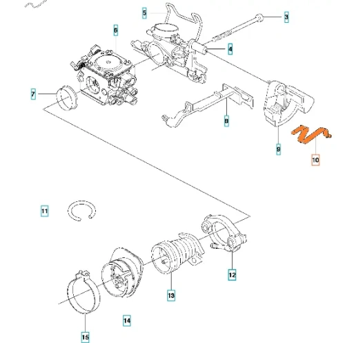 Sprężyna gaźnika do pilarki Husqvarna 346XP, 359, 570, w kolorze metalicznym, ma kształt spiralny. Ujęcie pokazuje sprężynę w górnej części schematu, z widocznymi numerami części. Produkt leży na jasnym tle, w kontekście części silnika.