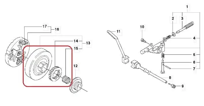 Bęben sprzęgła pilarki Husqvarna 357/357XP/359, okrągły, metalowy, w kolorze szarym z wyraźnymi zębami na zewnętrznej krawędzi. Widoczny montaż oraz wewnętrzne elementy mechaniczne. Ujęcie z boku, prezentujące szczegóły konstrukcji.