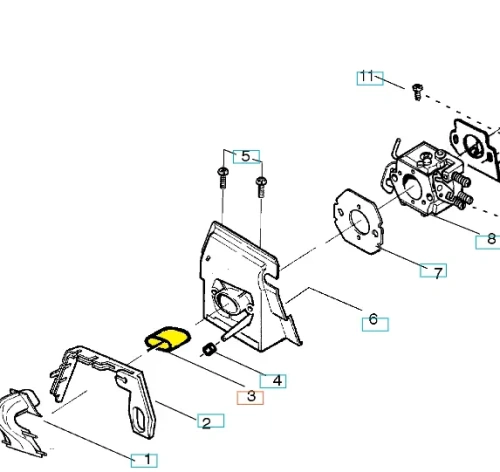 Łącznik gaźnika do pilarki Husqvarna 136/142, czarny z żółtym detalem, metalowy, z wycięciem i otworami na śruby, widok z boku na płaskiej powierzchni.