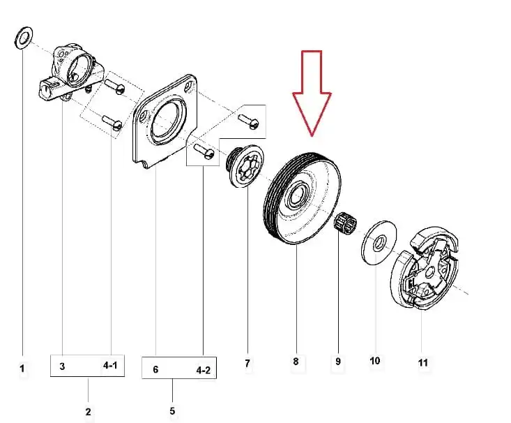 Bęben sprzęgła pilarki Partner P340S/P350S/P360S/CS35S, metalowy, okrągły, z wyraźnym rowkiem na obwodzie, widoczny z boku w zbliżeniu. W otoczeniu innych elementów pilarki, na białym tle, co podkreśla detale produktu.