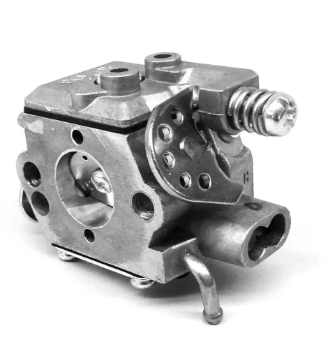 Gaźnik Partner P350S/P360S, srebrny z metaliczną powierzchnią, widoczny od góry z otworami i rurkami, bez akcesoriów, do pił łańcuchowych.