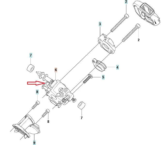 Gaźnik do piły Husqvarna T435, srebrny, widoczny z przodu. Z kompletnym układem, śrubami, mocowaniami, osłoną i złączem paliwowym. Widoczne oznaczenia techniczne na części metalowej.