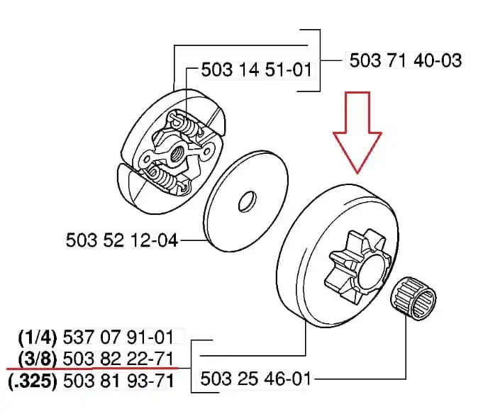 Bęben sprzęgła pilarki Husqvarna 334/335XPT/336/338XPT widziany z boku, okrągły kształt, dwa gładkie bębny i widoczny mechanizm wewnętrzny na białym tle, bez dekoracji i napisów.