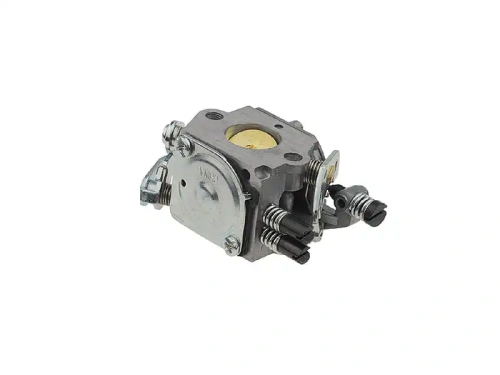 Srebrny gaźnik do piły Husqvarna 40/45/49, widoczny z boku na jednolitym tle, z mosiężnym otworem ssącym, sprężynami i przyłączami, dopasowany do pił spalinowych.