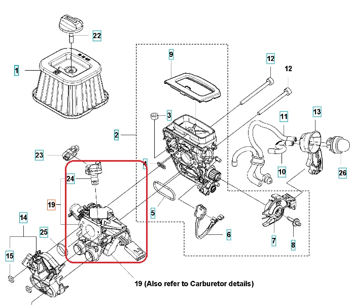Gaźnik do piły Husqvarna 572 XP/XPG, czarny, z metalowymi elementami, pokazany z boku w zbliżeniu. Widoczny pięciokątny otwór do mocowania oraz wejścia paliwowe. Tło białe, co podkreśla detale produktu.