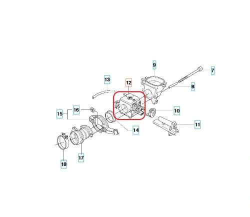 Czarny, prostokątny gaźnik do pil Husqvarna 362/372XP/XPG, widok boczny z detalami, złączami i otworami, na białym tle.