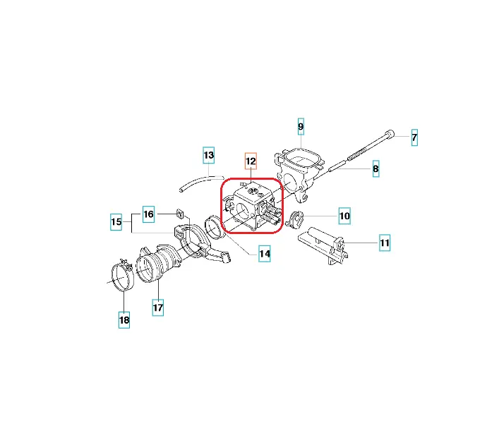 Czarny, prostokątny gaźnik do pil Husqvarna 362/372XP/XPG, widok boczny z detalami, złączami i otworami, na białym tle.